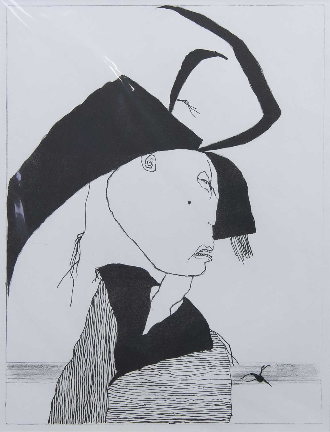 Lot 556 - WOMAN WITH SHAWL, A LITHOGRAPH BY PAT DOUTHWAITE