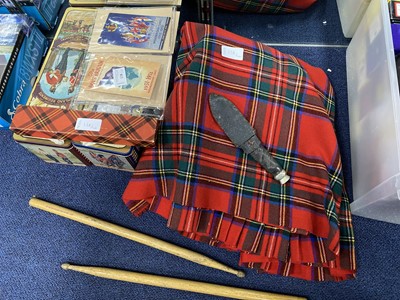 Lot 138 - A KILT, TWO SGIAN DUBH'S AND A PAIR OF DRUMSTICKS AND OTHER ITEMS