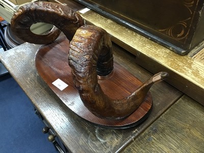 Lot 141 - A MOUNTED PAIR OF BRASS BOUND RAM'S HORNS AND OTHER ITEMS