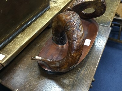 Lot 141 - A MOUNTED PAIR OF BRASS BOUND RAM'S HORNS AND OTHER ITEMS