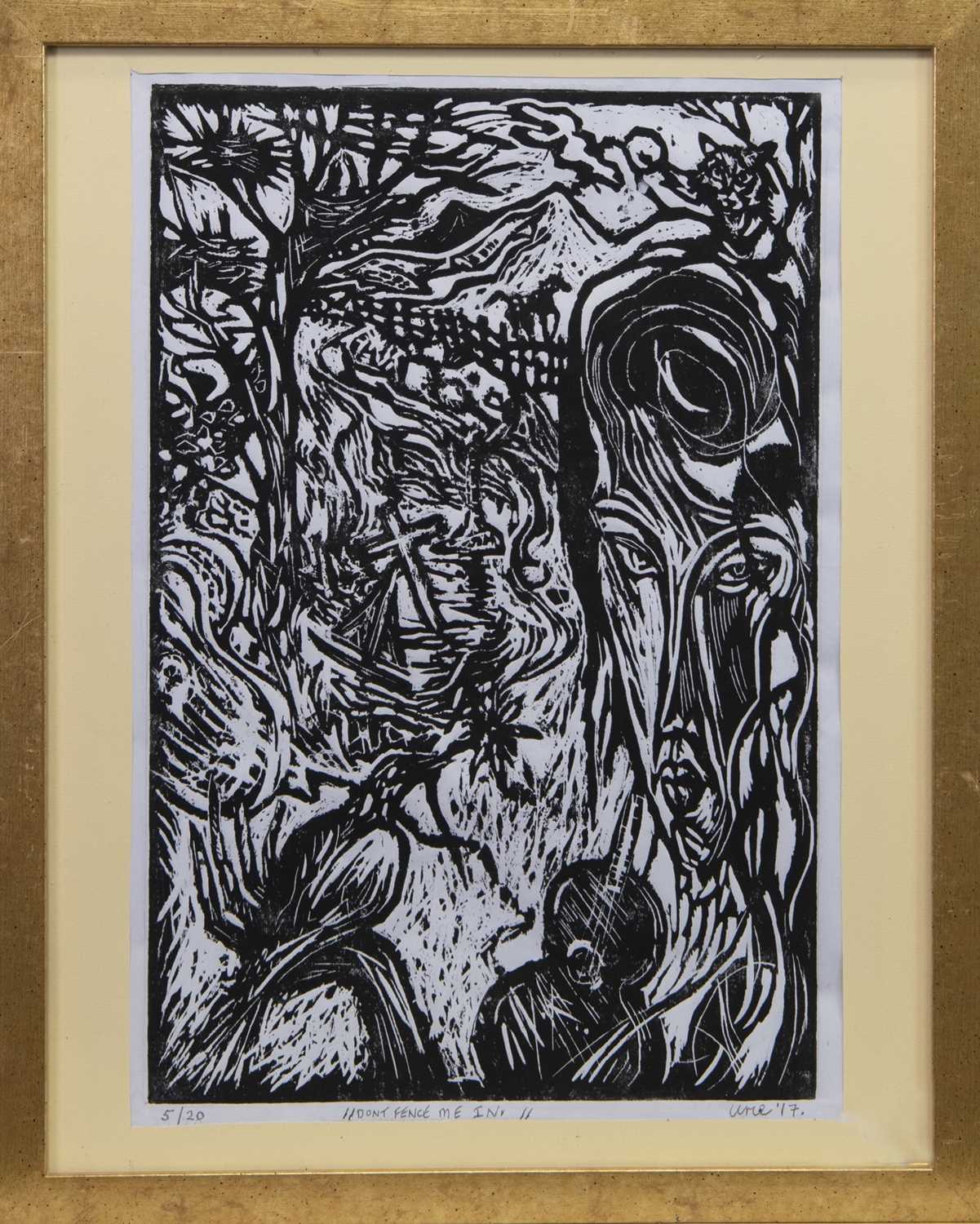 Lot 553 - DON'T FENCE ME IN, A WOODCUT BY JOSEPH URIE