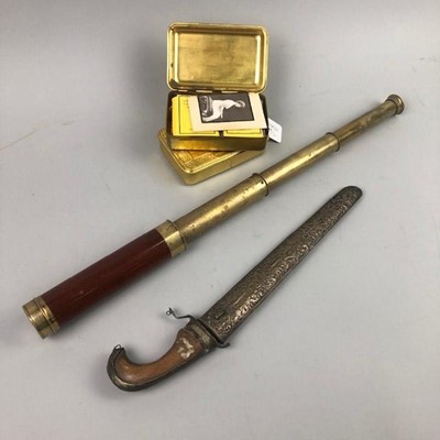 Lot 197 - A MIDDLE EASTERN DAGGER, TELESCOPE AND TWO WWI TINS