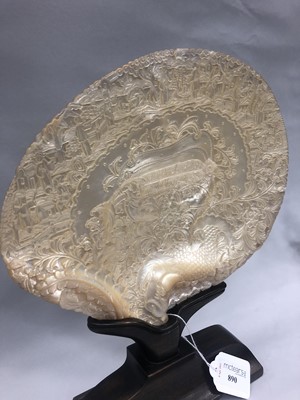 Lot 890 - CHINESE ABALONE SHELL ON WOOD STAND, 19th...