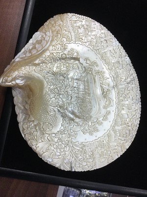 Lot 890 - CHINESE ABALONE SHELL ON WOOD STAND, 19th...