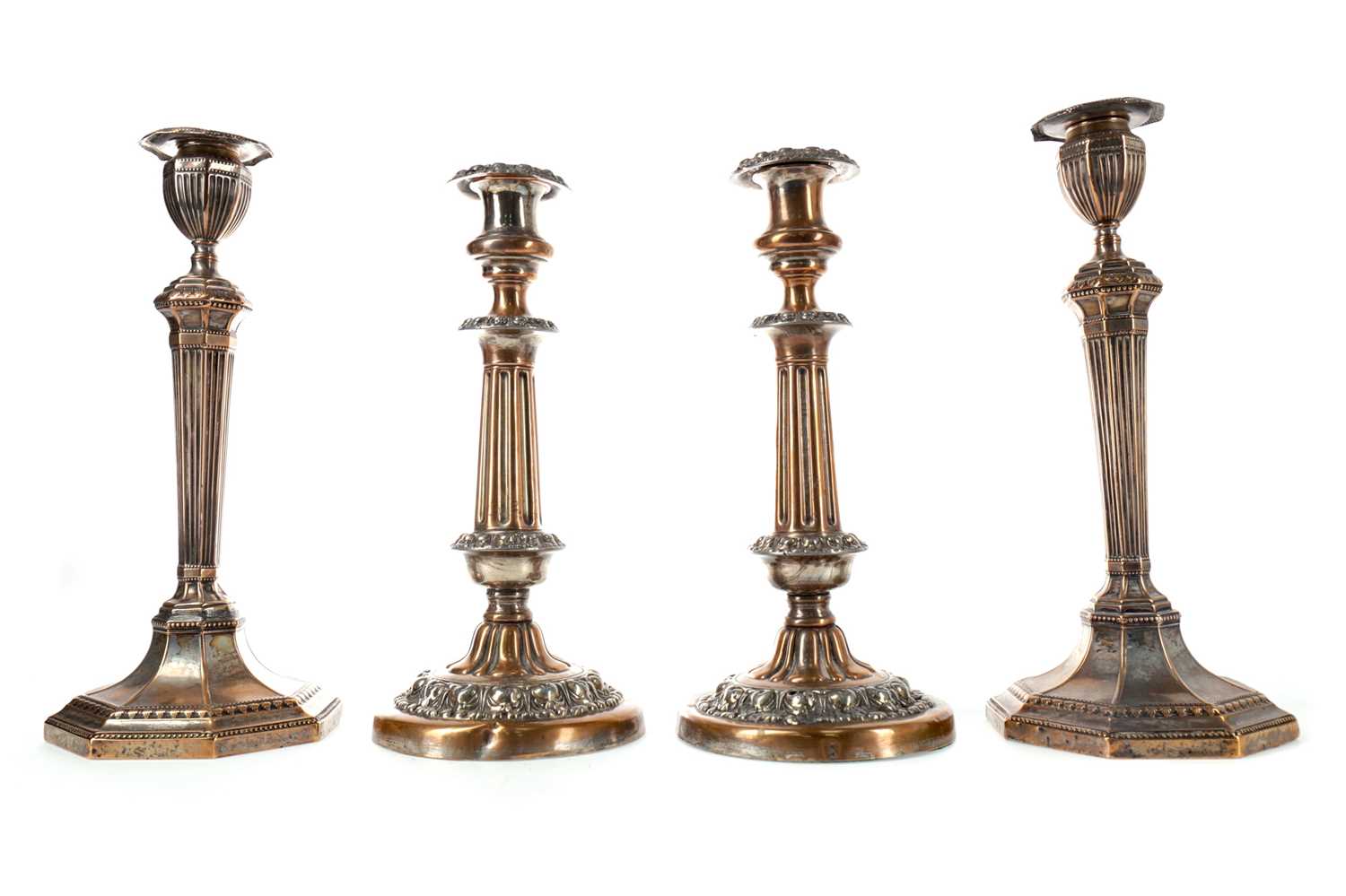 Lot 94 - TWO PAIRS OF MID-19TH CENTURY SHEFFIELD PLATE CANDLESTICKS AND A CANDELABRUM