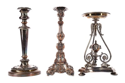 Lot 93 - A LATE 19TH CENTURY SILVER PLATED CENTREPIECE, ALONG WITH FOUR CANDLESTICKS