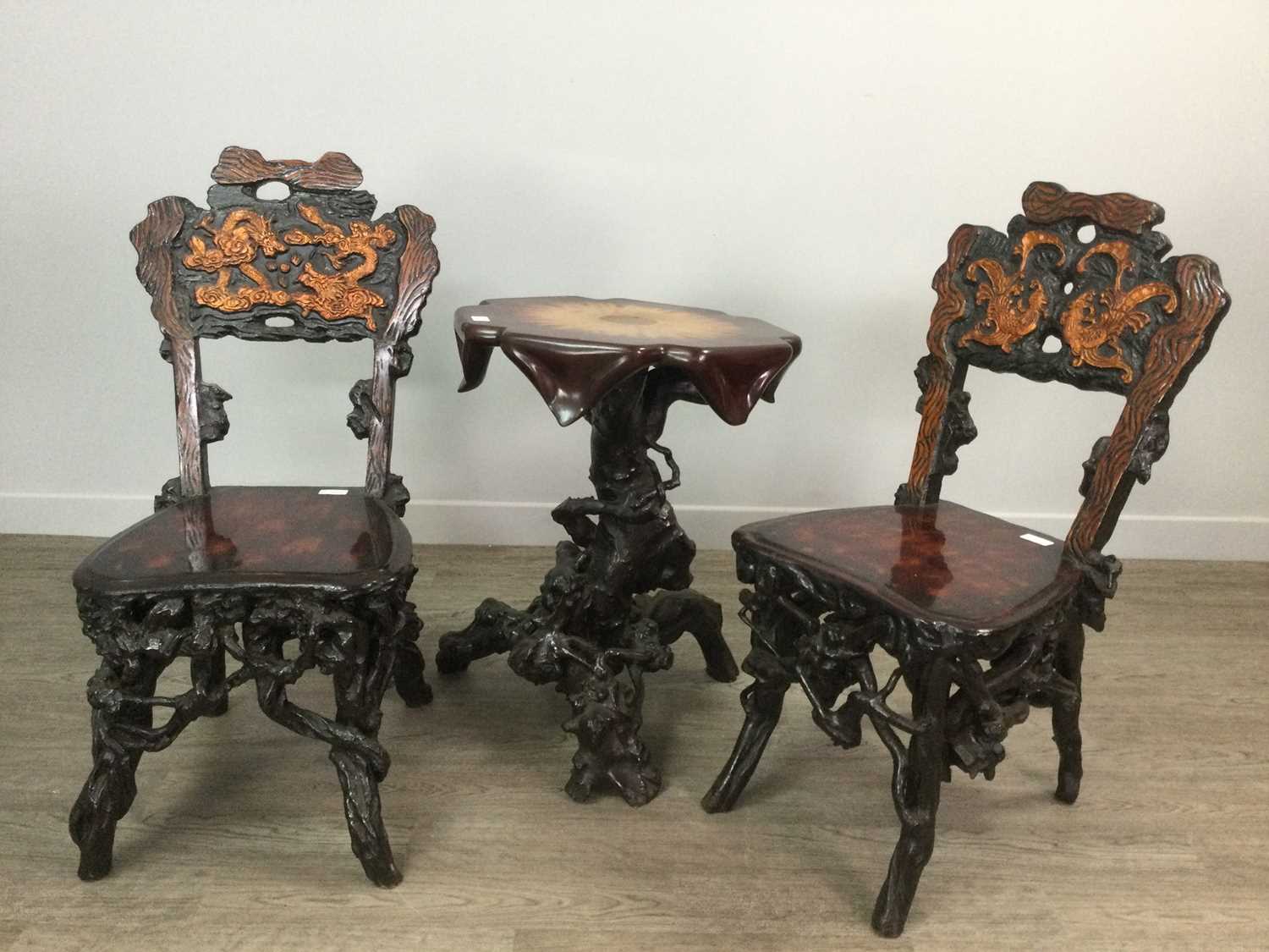 Lot 1627 - A SMALL GROTTO STYLE OCCASIONAL TABLE AND TWO CHAIRS