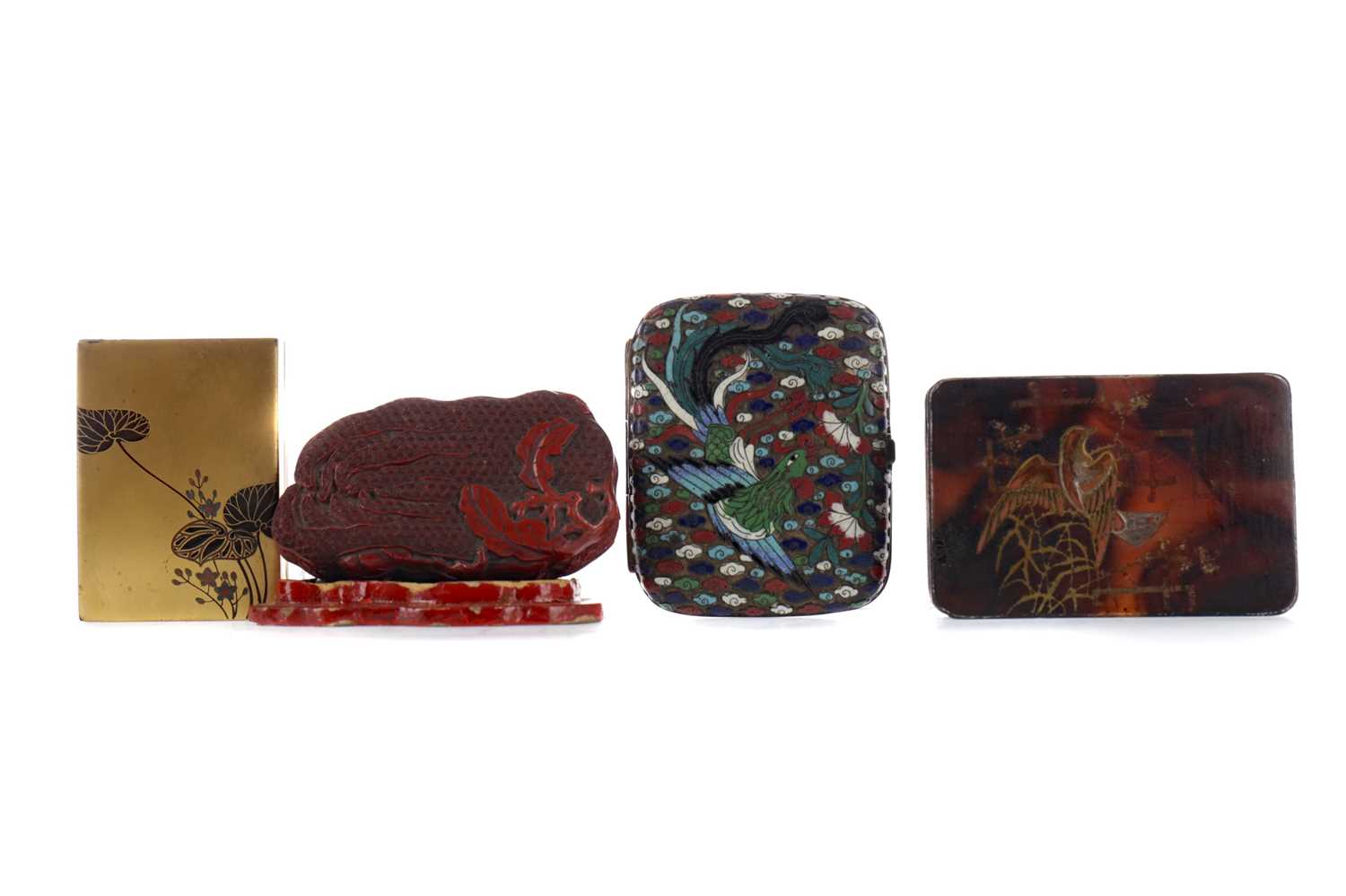 Lot 511 - A LATE 19TH CENTURY CHINESE CLOISONNE CIGARETTE CASE, ALONG WITH THREE BOXES