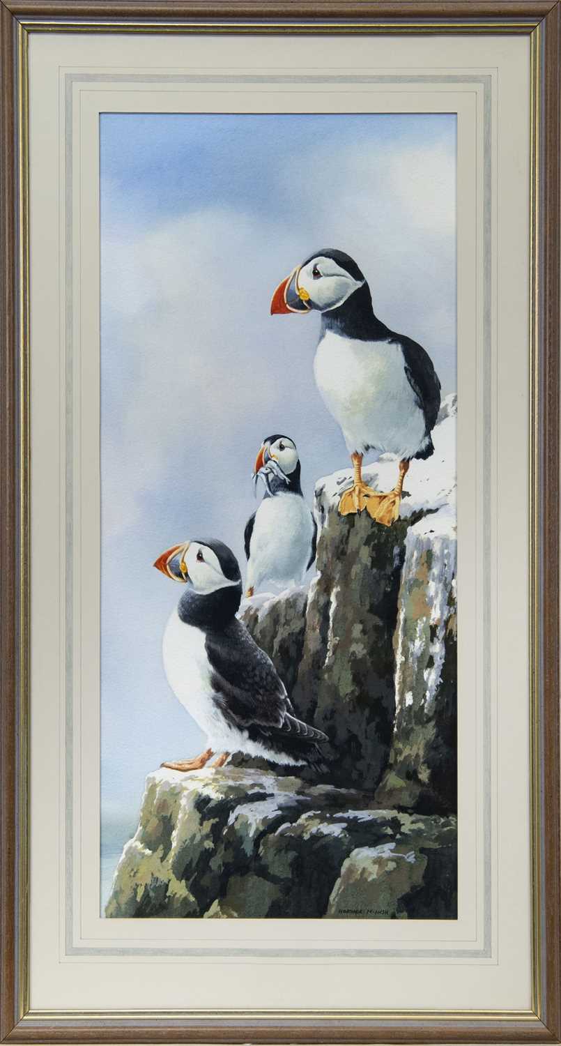 Lot 36 - THREE PUFFINS, A WATERCOLOUR BY HEATHER M INSH