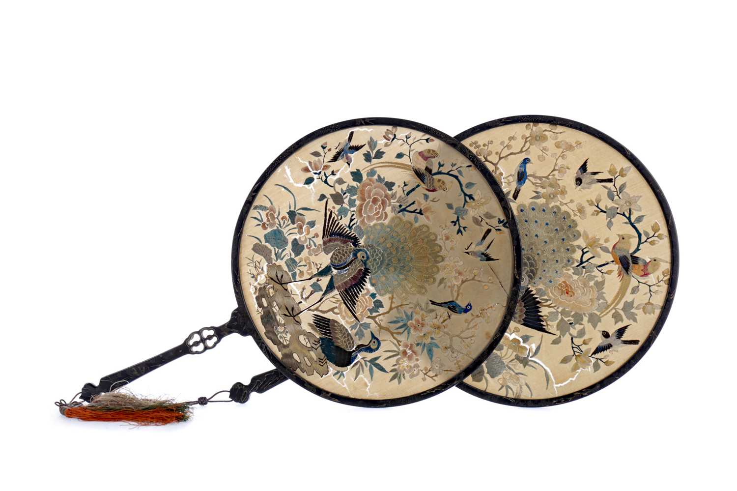 Lot 230 - A PAIR OF LATE 19TH CENTURY CHINESE SILK AND LACQUERED HAND FANS