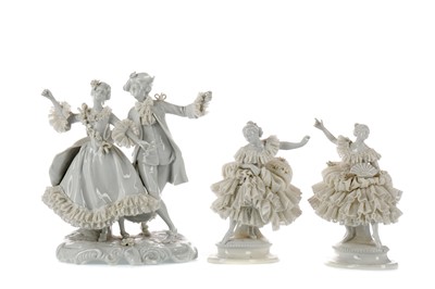 Lot 466 - A LATE 19TH CENTURY CONTINENTAL BISCUIT PORCELAIN FIGURE OF A LADY, ALONG WITH