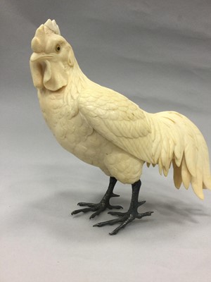 Lot 908 - A JAPANESE IVORY CARVING OF A FAMILY OF CHICKENS