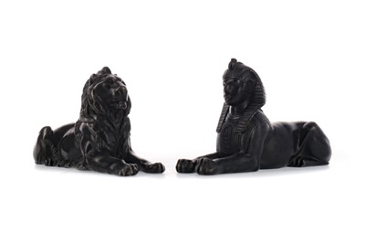 Lot 233 - EARLY 20TH CENTURY BRONZED SPELTER FIGURES OF A LION AND A SPHINX