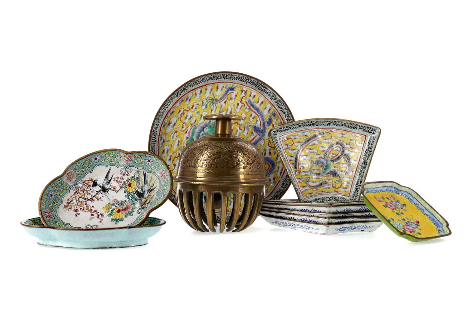 Lot 285 - AN EARLY 20TH CENTURY INDO-PERSIAN BRASS BELL, ALONG WITH A BUDDHIST EMBLEM AND TEN DISHES