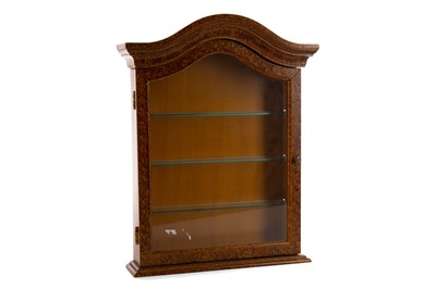 Lot 519 - A SIMULATED BURR WALNUT WALL MOUNTED DISPLAY CABINET