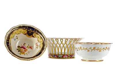 Lot 390 - TWO MID-19TH CENTURY ENGLISH PORCELAIN SLOP BOWLS, ALONG WITH TWO COMPORTS AND A BASKET