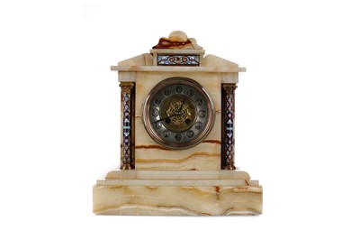 Lot 1109 - A LATE 19TH CENTURY ALABASTER AND CHAMPLEVE ENAMEL MANTEL CLOCK