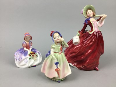 Lot 291 - A ROYAL DOULTON FIGURE OF MONICA, OTHER FIGURES AND A CUP AND SAUCER