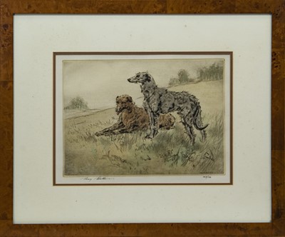 Lot 37 - DEERHOUNDS, A LIMITED EDITION COLOUR DRYPOINT BY HENRY WILKINSON