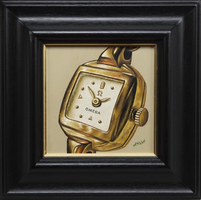 Lot 765 - STUDY OF A GOLD OMEGA WATCH, AN OIL BY GRAHAM MCKEAN