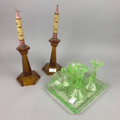Lot 241 - A PAIR OF AMBER GLASS CANDLESTICKS AND OTHER GLASS WARE