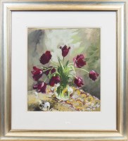 Lot 34 - * GILLIAN GOODHEIR, PURPLE TULIPS acrylic,...