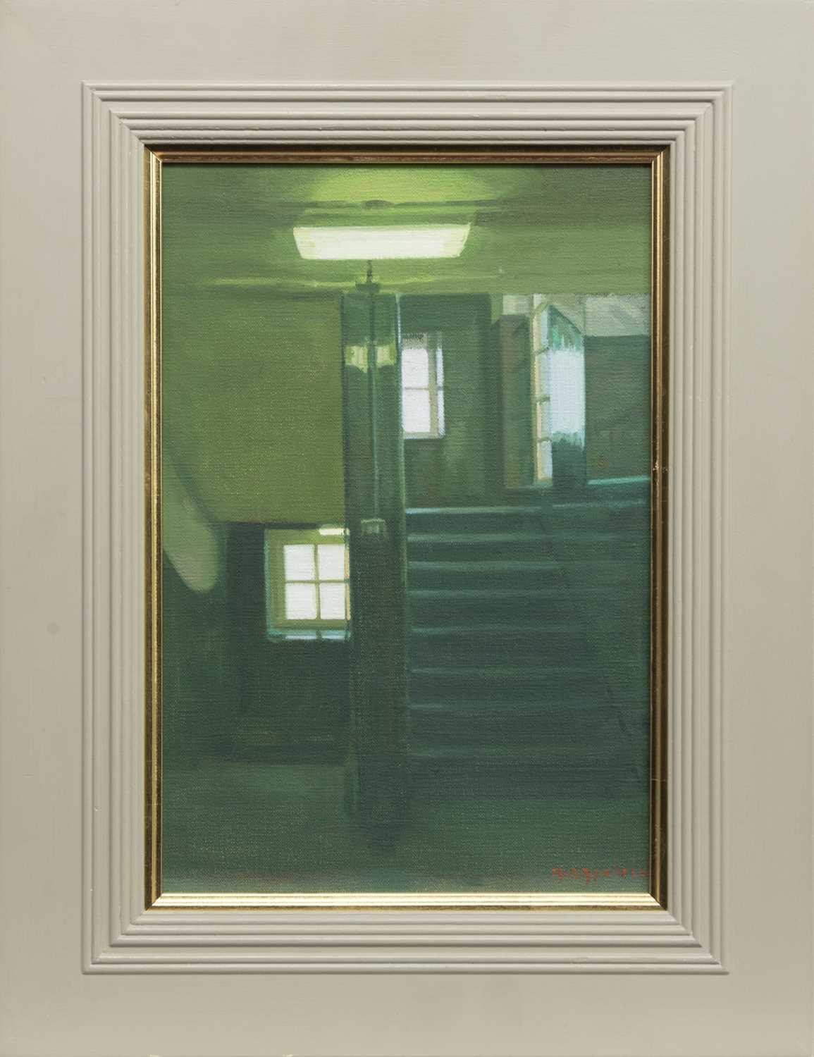 Lot 571 - STAIRWELL, GLASGOW SCHOOL OF ART, AN OIL BY ANDREW FITZPATRICK