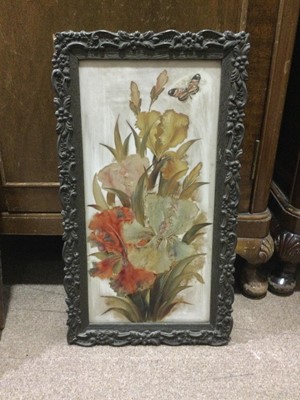 Lot 325 - A LOT OF TWO VICTORIAN PAINTED GLASS PANELS AND TWO FRAMED PRINTS