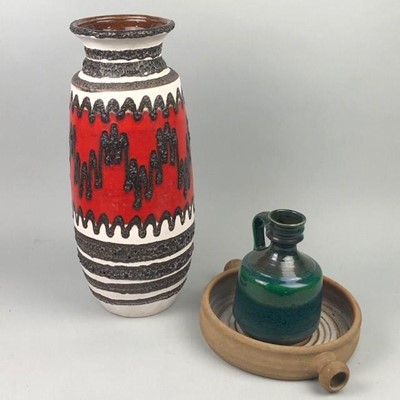 Lot 316 - A WEST GERMAN VASE AND FLASK ALONG WITH A STUDIO POTTERY DISH