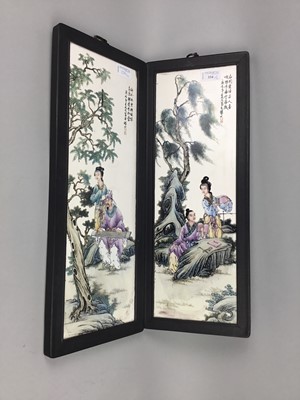 Lot 334 - A PAIR OF FRAMED CHINESE CERAMIC TILES