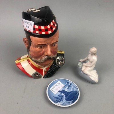 Lot 348 - A ROYAL DOULTON WILLIAM GRANT BOTTLE, COPENHAGEN FIGURE AND A PIN DISH