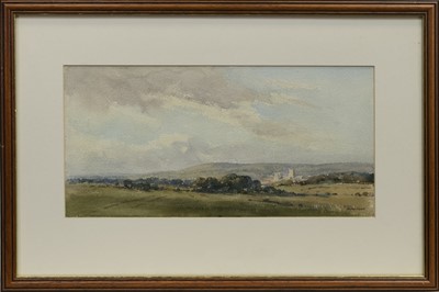 Lot 63 - A DISTANT VIEW OF WELLS, SOMERSET, A WATERCOLOUR BY ARTHUR ACKERMANN