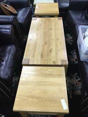 Lot 355 - AN OAK COFFEE TABLE AND TWO OAK OCCASIONAL TABLES