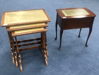 Lot 369 - A MAHOGANY NEST OF THREE TABLES AND A SEWING TABLE