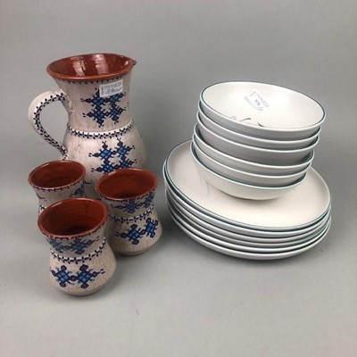 Lot 376 - A DENBY 'GREEN WHEAT' PART DINNER SERVICE AND A STONEWARE JUG AND SIX MUGS