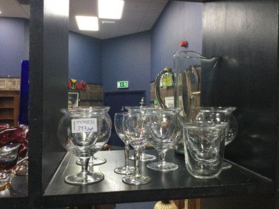 Lot 377 - A COLOURED GLASS PITCHER SET AND OTHER GLASS WARE