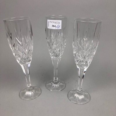 Lot 384 - A SET OF SIX CRYSTAL CHAMPAGNE FLUTES AND OTHER CRYSTAL WARE