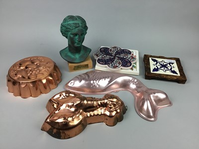 Lot 390 - A LOT OF THREE JELLY MOULDS, CERAMIC TILES AND A MINIATURE BUST ON STAND