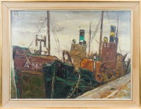 Lot 59 - * HERBERT WHONE, BOATS IN HARBOUR oil on...