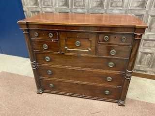 Lot 429 - A 19TH CENTURY MAHOGANY CHEST OF DRAWERS, DRESSING MIRROR AND FOOTSTOOL