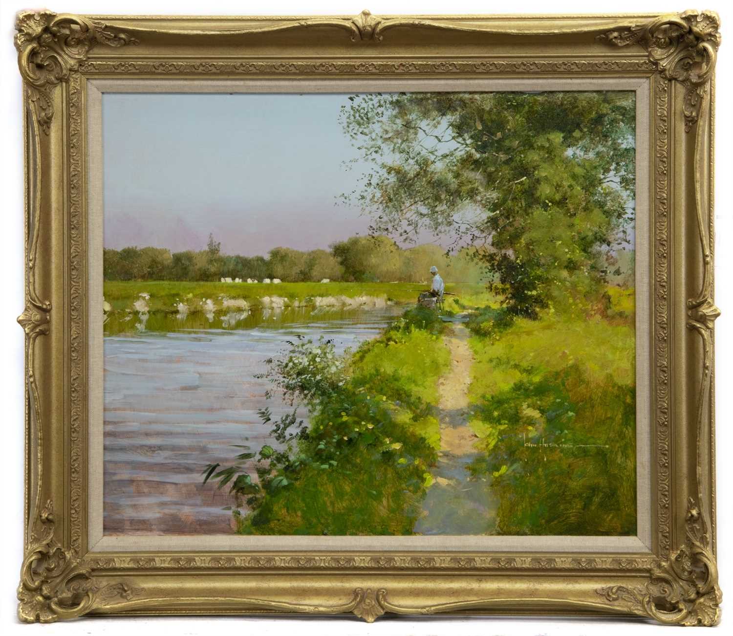 Lot 504 - FISHING ON THE RIVER OUSE, AN OIL BY JOHN HASKINS
