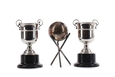 Lot 1706 - A LOT OF TWO SILVER TROPHY CUPS ALONG WITH A PRESENTATION JACK AND STAND