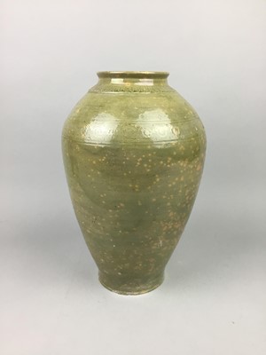 Lot 510 - A 20TH CENTURY CHINESE CELADON VASE AND A CHAMBERSTICK