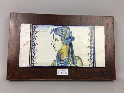 Lot 534 - A PAIR OF CERAMIC TILES OF 17TH CENTURY DESIGN AND TWO OTHERS