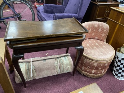 Lot 580 - A MAHOGANY TURNOVER CARD TABLE, BED TRAY, BEDROOM CHAIR AND FLOOR RUNNER