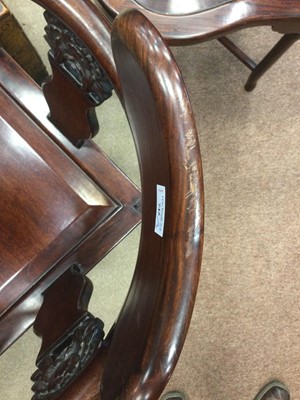 Lot 745 - A PAIR OF CHINESE HARDWOOD CORNER CHAIRS AND A TWO TIER TABLE
