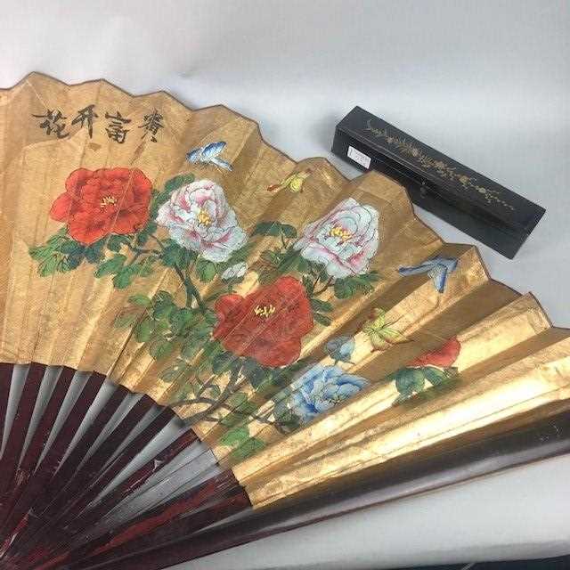 Lot 59 - A LARGE 20TH CENTURY CHINESE PAINTED FAN AND ANOTHER FAN