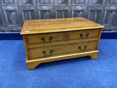 Lot 57 - A YEW WOOD COFFEE TABLE AND ANOTHER UNIT
