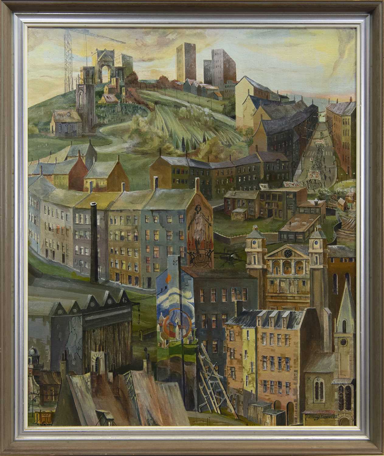 Lot 512 - LATE SNOW, THAWING CITY HILLS, AN OIL BY EDWARD CHISNALL