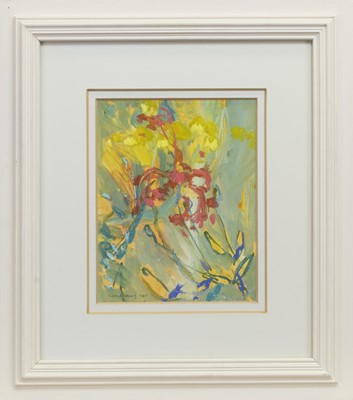 Lot 519 - YELLOW AND RED FLOWERS, SANIBEL, A MIXED MEDIA BY IRENE LESLEY MAIN
